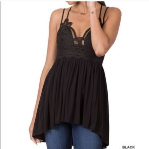 NWT Crochet Lace Black Flowing Cami Tunic Top with criss cross straps